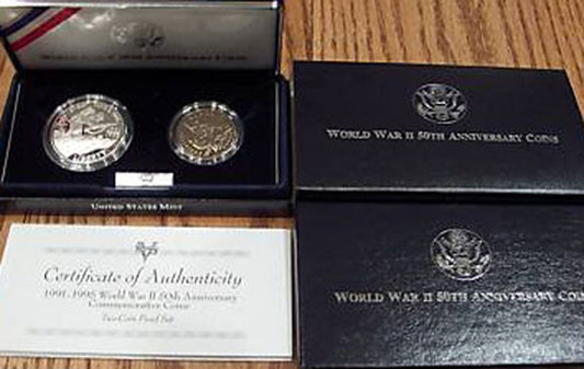 1993 World War II 50Th 1991-1995 WWII Proof 2 Coin Silver Dollar and 50C WW2