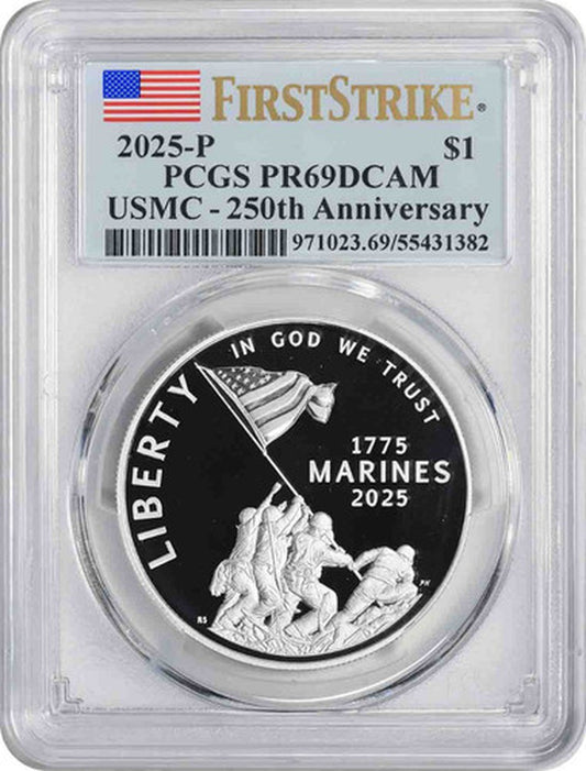 2025-P U.S. Marine Corps USMC 250Th Anniversary Silver Dollar PR69DCAM FS PCGS