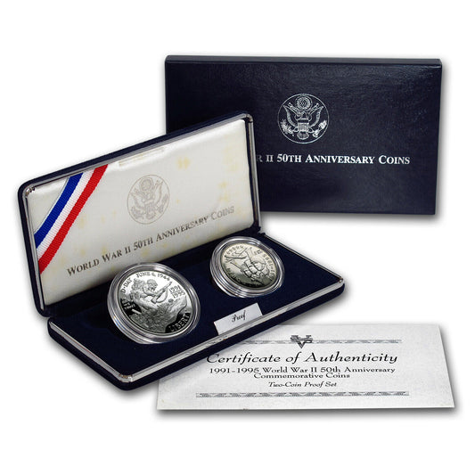 1993 World War II 50Th 1991-1995 WWII Proof 2 Coin Silver Dollar and 50C WW2