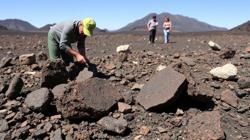 You are currently viewing Unearthing hematite and magnetite-rich rocks in the volcanic soils of the Caballo Mountains.