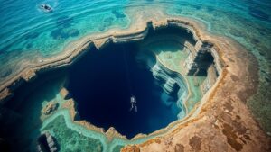 Read more about the article Diving into mysterious blue holes said to connect to ancient underwater cities.