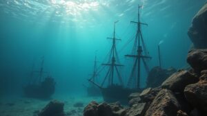 Read more about the article Following trails of sunken treasure ships rumored in privateers’ logs.