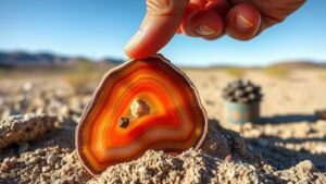 Read more about the article Unearthing fire agates in remote desert outcrops near Lordsburg, prized for their vibrant play of colors.