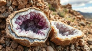 Read more about the article Discovering geodes in the rugged terrains of the Victorio Mountains, often containing quartz and amethyst cores.