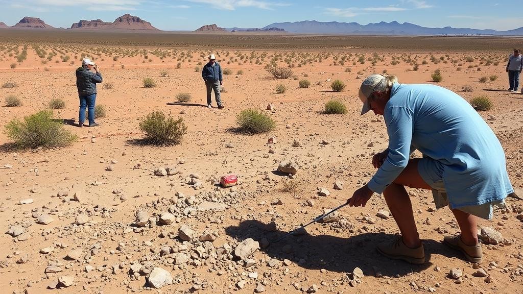 You are currently viewing Searching for meteorite fragments in the broad expanses of the Jornada del Muerto desert, where cosmic debris might have landed.